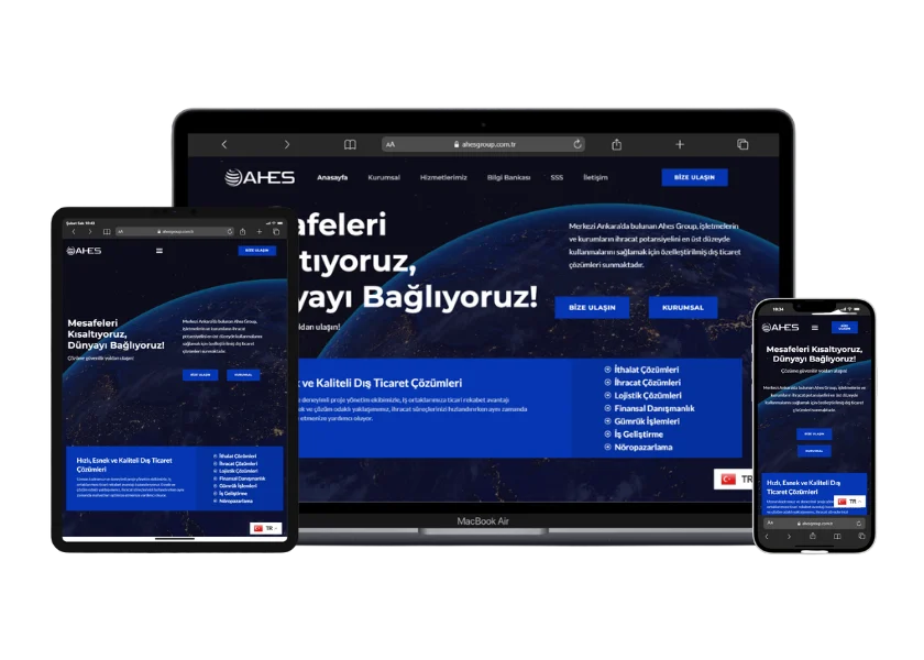 Ahes Group web sitesinin masaüstü, tablet ve telefon görünümü