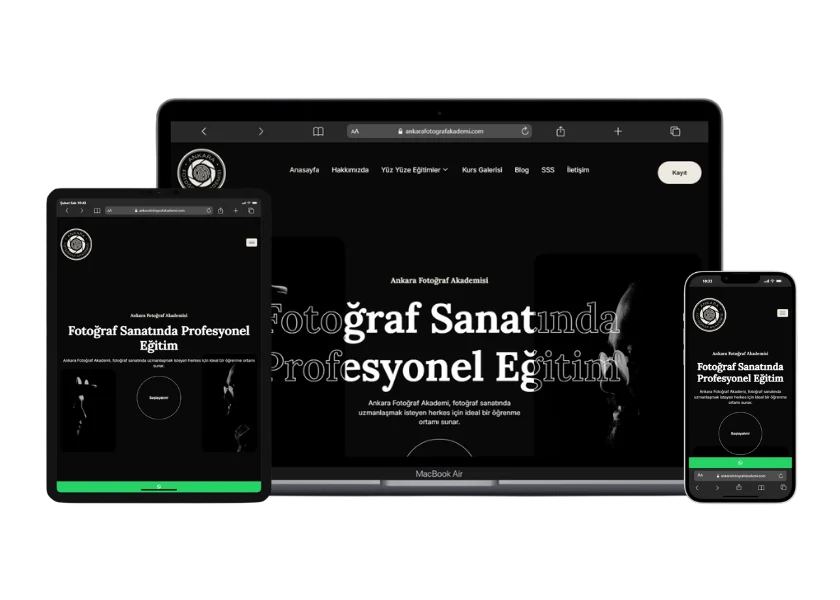 Ankara Fotoğraf Akademisi web sitesinin masaüstü, tablet ve telefon görünümü