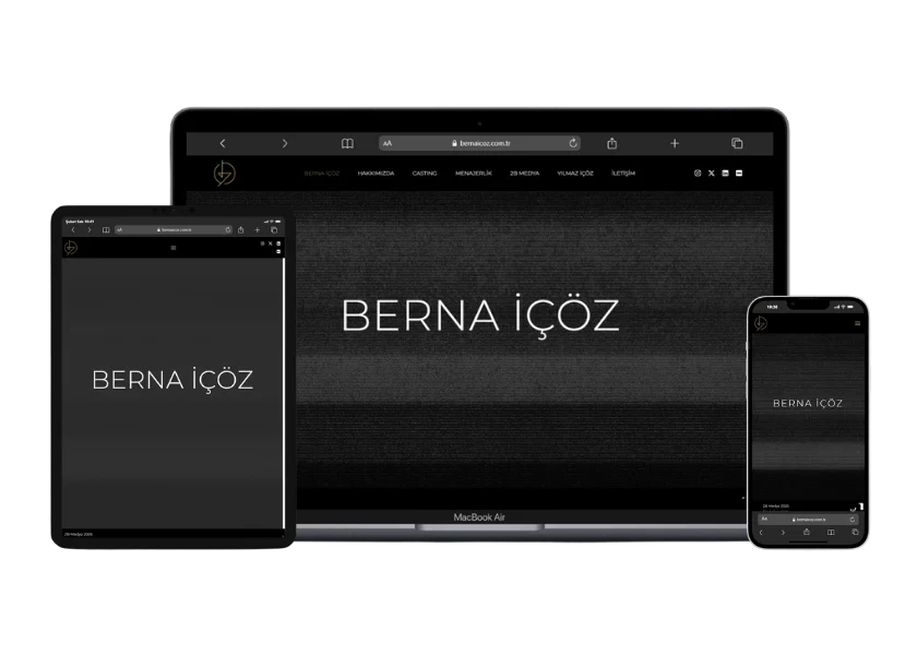 Berna İçöz Menajerlik web sitesinin masaüstü, tablet ve telefon görünümü