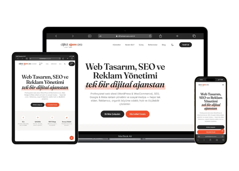 Dijital Ajans Ara web sitesinin masaüstü, tablet ve telefon görünümü