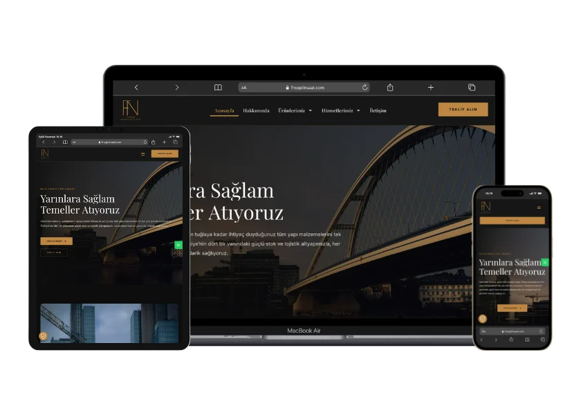 FN Altındiş Yapı web sitesinin masaüstü, tablet ve telefon görünümü