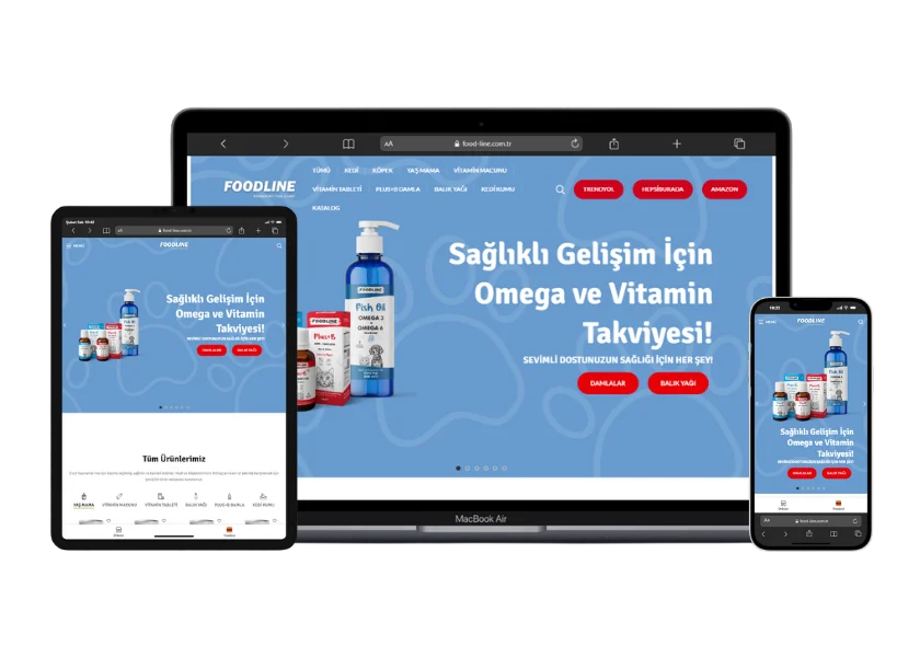 Foodline web sitesinin masaüstü, tablet ve telefon görünümü