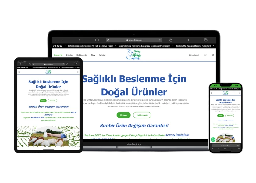 Keleş Çiftliği web sitesinin masaüstü, tablet ve telefon görünümü