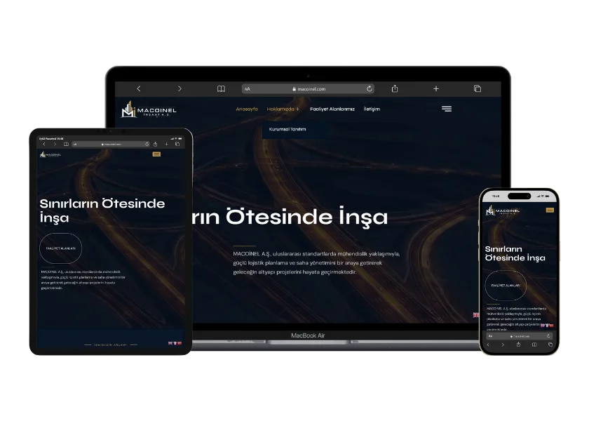 Macoinel İnşaat web sitesinin masaüstü, tablet ve telefon görünümü