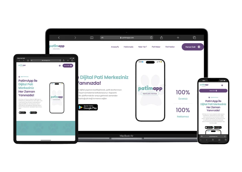 PatimApp web sitesinin masaüstü, tablet ve telefon görünümü
