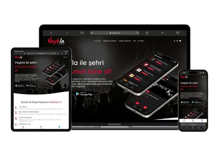 Vaybla web sitesinin masaüstü, tablet ve telefon görünümü